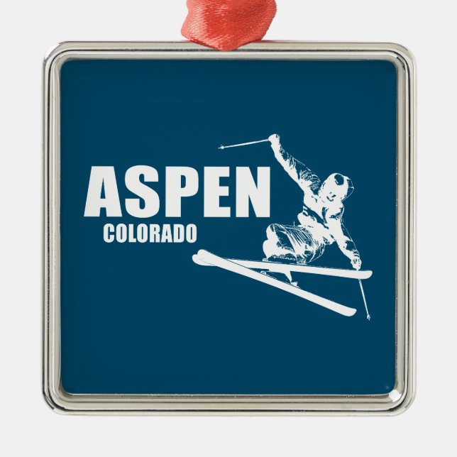 Ornement Carré Argenté Skier d'Aspen Colorado (Devant)