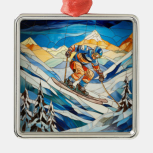 Ornement Carré Argenté Skier de Noël