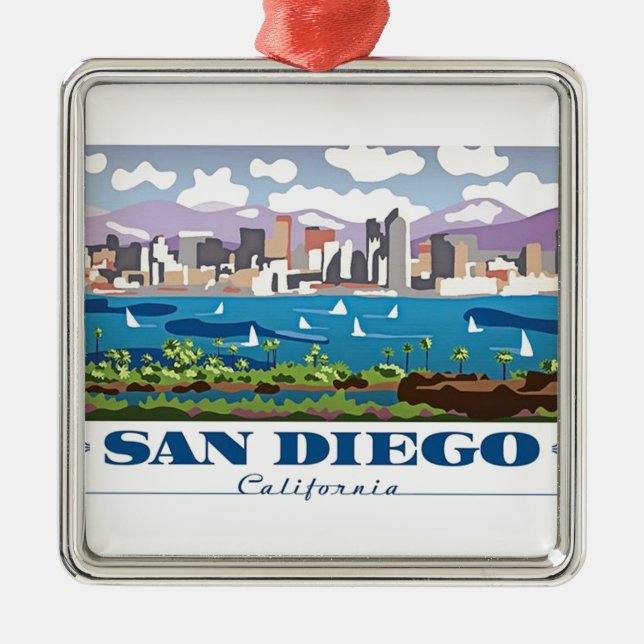 Ornement Carré Argenté Skyline San Diego (Devant)