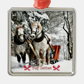 Ornement Carré Argenté Sleigh Ride, Merry Christmas