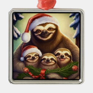 Ornement Carré Argenté Sloth Family Holiday