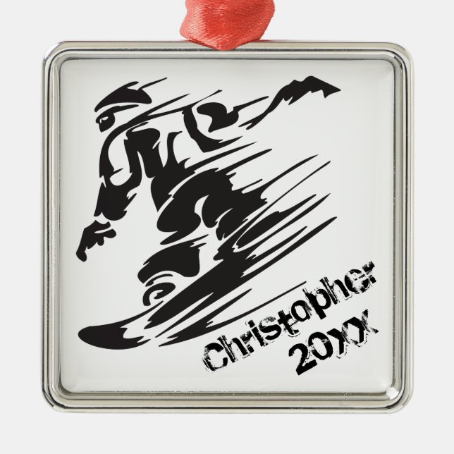 Ornement Carré Argenté Snowboard personnalisé Snowboard Noir, Blanc (Devant)