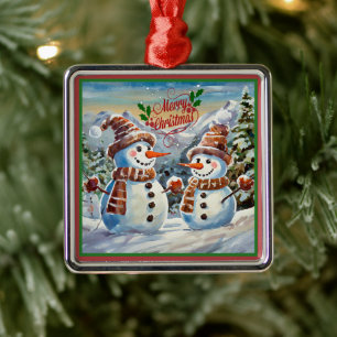 Ornement Carré Argenté Snowmen, Joyeux Noël,