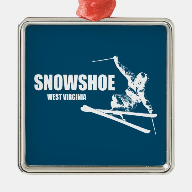Ornement Carré Argenté Snowshoe Mountain West Virginia Skier (Devant)