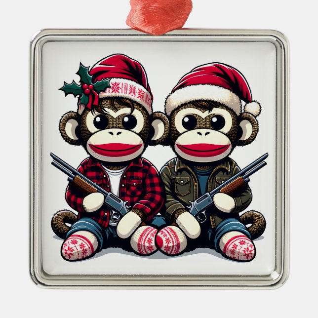 Ornement Carré Argenté SockMonkey Hunter Brothers et leur Angel Friend (Devant)