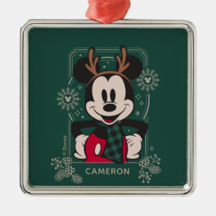 Ornement Carré Argenté Souris Mickey de Noël avec Antlers