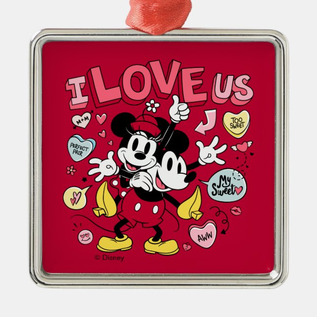 Ornement Carré Argenté Souris Mickey et Minnie | Je nous aime (Devant)