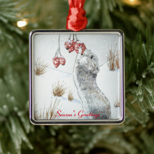 Ornement Carré Argenté Souris mignonne et baies rouges scène de neige