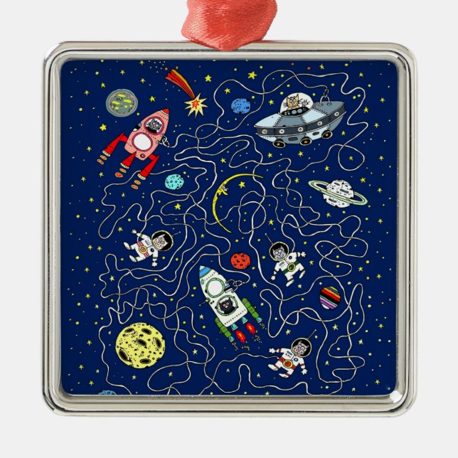 Ornement Carré Argenté Space Cat Maze Jeu pour enfants (Devant)