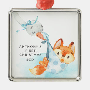 Ornement Carré Argenté Special delivery Baby's First Christmas Fox