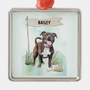Ornement Carré Argenté Staffordshire Bull Terrier Aquarelle Personnalisé