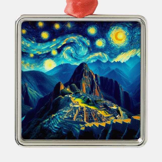 Ornement Carré Argenté Starry Night Machu Picchu Pérou (Devant)
