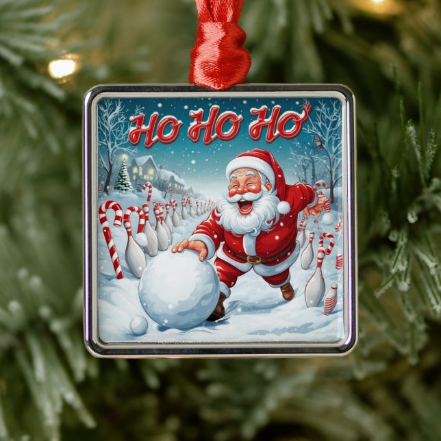 Ornement Carré Argenté Striking Santa Bowling Candy Cane Lane Personalize (Arbre)
