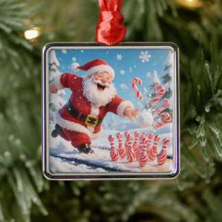 Ornement Carré Argenté Striking Santa Bowling Candy Cane Lane Personalize