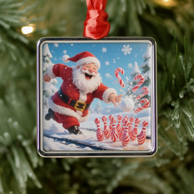 Ornement Carré Argenté Striking Santa Bowling Candy Cane Lane Personalize (Arbre)