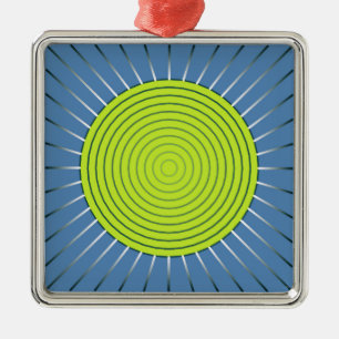 Ornement Carré Argenté Sunburst géométrique moderne - Lime et bleu Denim