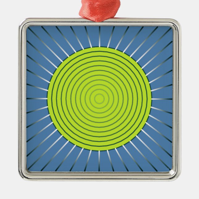 Ornement Carré Argenté Sunburst géométrique moderne - Lime et bleu Denim (Devant)