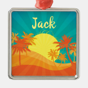 Ornement Carré Argenté Sunset Beach tropical rétro surf nom design