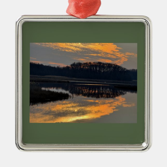 Ornement Carré Argenté Sunset Waterscape Reflection Ornament  (Devant)