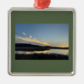 Ornement Carré Argenté Sunset Waterscape Reflection Ornament