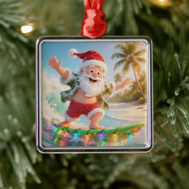 Ornement Carré Argenté Surfing Santa Tropical Christmas (Arbre)
