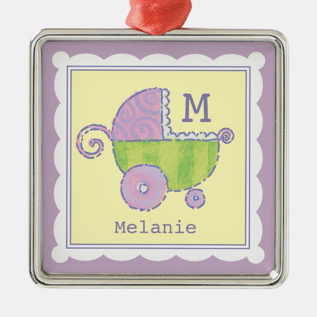 Ornement Carré Argenté Sweet Dreams Baby Carriage Lavender Monogrammed (Devant)