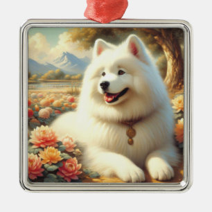 Ornement Carré Argenté Tableau vintage Samoyed Dog
