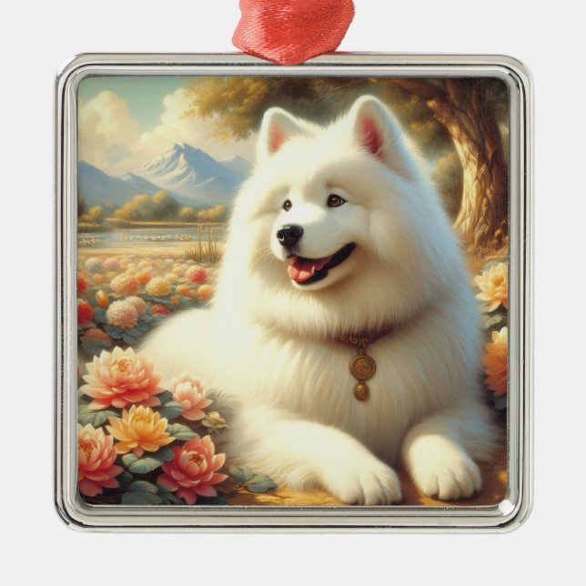 Ornement Carré Argenté Tableau vintage Samoyed Dog (Devant)