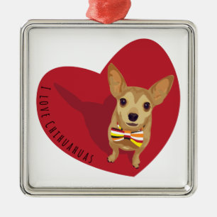 Ornement Carré Argenté Tan Chihuahua avec cravate arc dans un coeur rouge