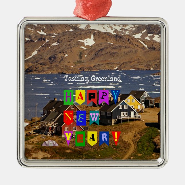 Ornement Carré Argenté Tasiilaq, Groenland - Bonne année, (Devant)