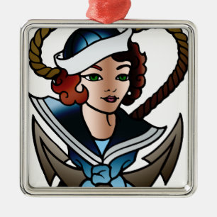 Ornement Carré Argenté tatouage vintage de marine de fille de marin