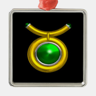 Ornement Carré Argenté TAURUS ZODIAC ANNIVERSAIRE JEWEL VERT EMERALD Gold