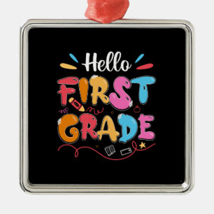 Ornement Carré Argenté Teacher Gift Hello First Grade