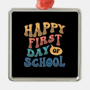 Ornement Carré Argenté Teacher Happy First Day Of School