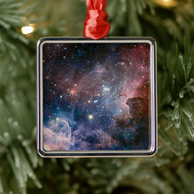 Ornement Carré Argenté Télescope Nebula Hubble Carina Rouge et Bleu (Arbre)