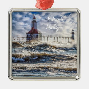 Ornement Carré Argenté Tempête Au Phare St Joseph