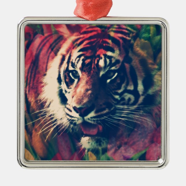 Ornement Carré Argenté Tigre dans le champ floral (Devant)