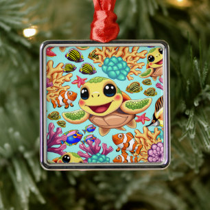 Ornement Carré Argenté Tortue de mer Bébé heureux et mignonne personnage