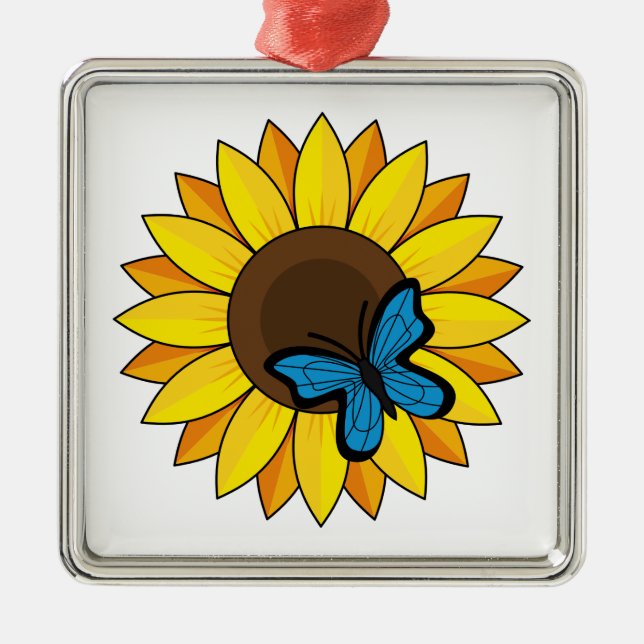 Ornement Carré Argenté Tournesol et papillon bleu (Devant)