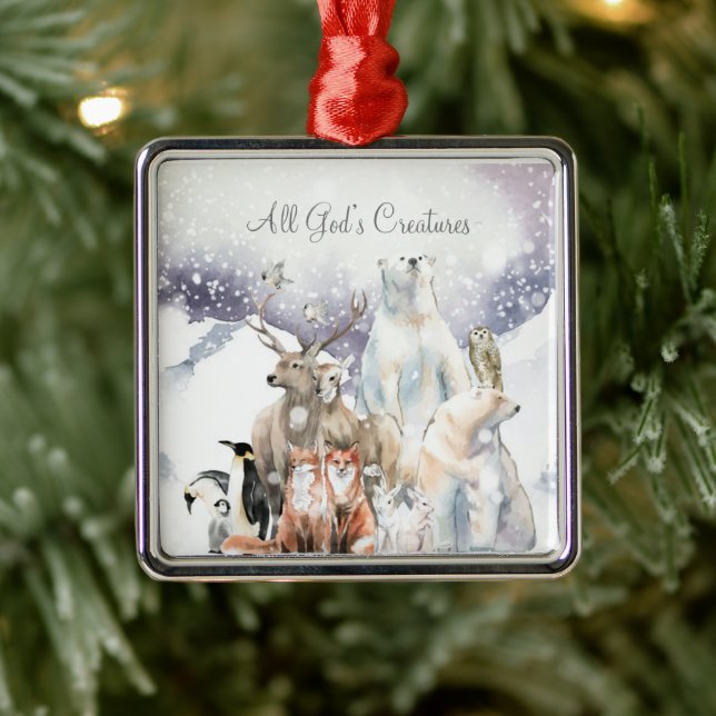 Ornement Carré Argenté Toutes les créatures de Dieu Inspiration de Noël (Arbre)