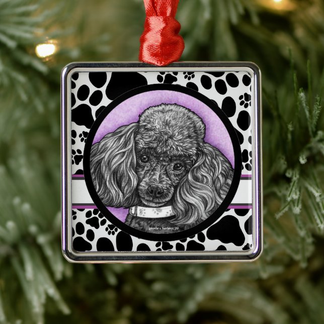 Ornement Carré Argenté Toy Poodle chien art par Glenda Harlan (Arbre)