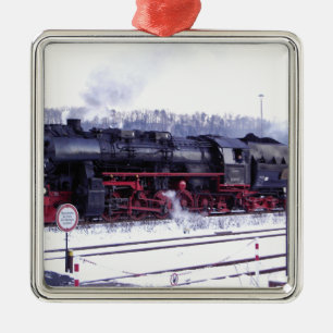 Ornement Carré Argenté train à vapeur voie ferrée locomotive gare