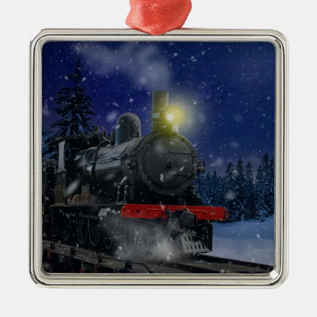 Ornement Carré Argenté Train de Noël dans la neige (Devant)