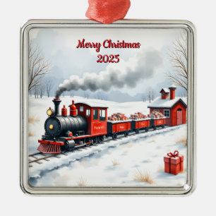Ornement Carré Argenté Train de Noël personnalisé dans la neige