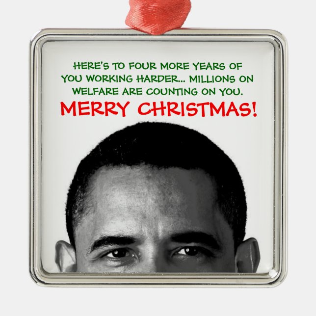 Ornement Carré Argenté Travail plus dur Noël Barack Obama (Devant)