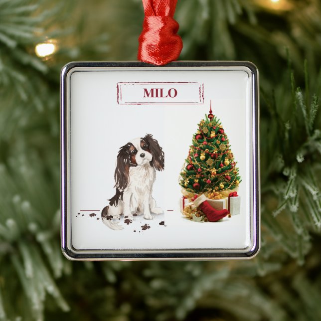 Ornement Carré Argenté Tri-Color King Charles Spaniel Drôle chien de Noël (Arbre)
