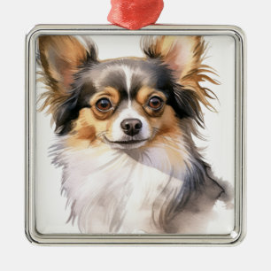 ORNEMENT CARRÉ ARGENTÉ TRI COLORED CHIHUAHUA PUPPY DOG LONGTEMPS HAÏS