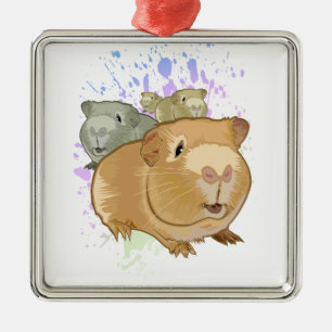 Ornement Carré Argenté Trio de cochons d'Inde colorés Éclaboussure de pei