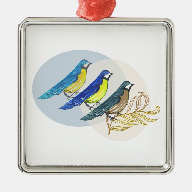 Ornement Carré Argenté Trois oiseaux (Devant)