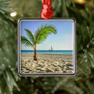 Ornement Carré Argenté Tropical Beaches   Sailboat, Palm Tree, Aruba